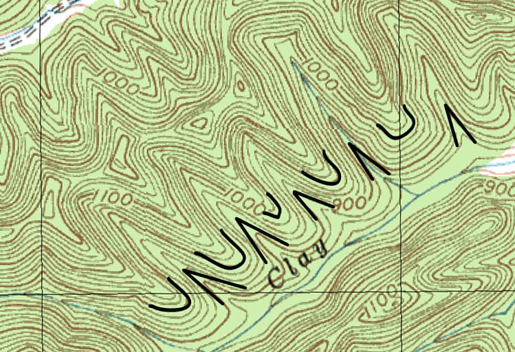 Contour lines on a map identifying spurs