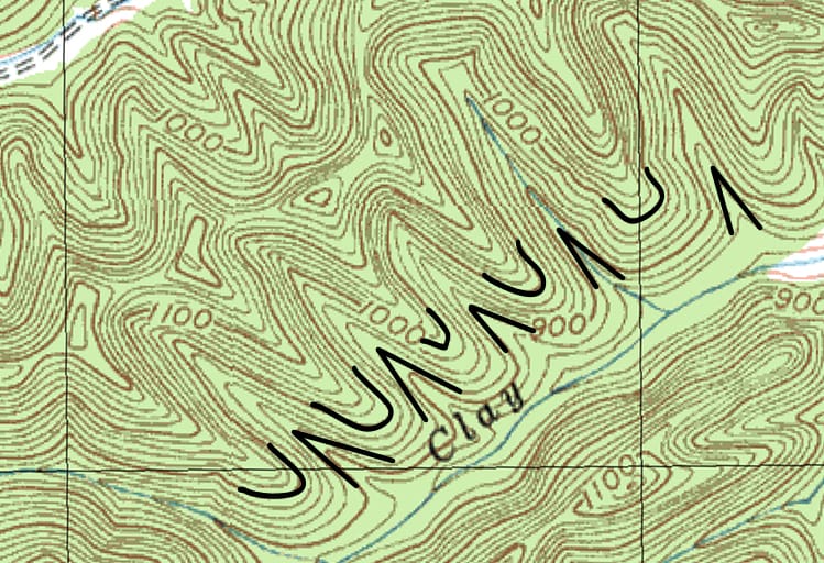 Contour lines on a map identifying spurs