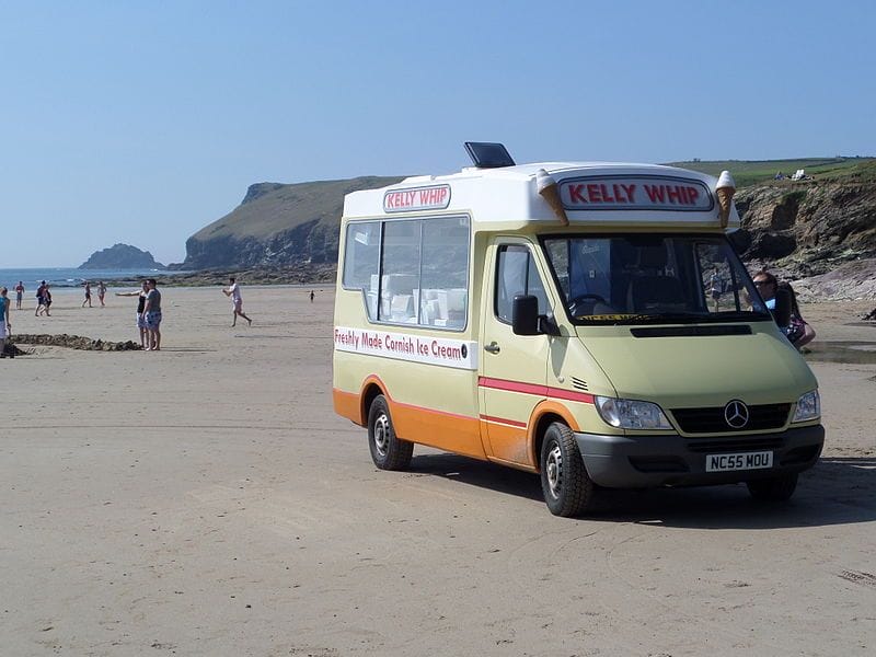 Mercedes Sprinter Kellys Ice Cream Van selling Cornish Ice Cream on the South West Coast Path