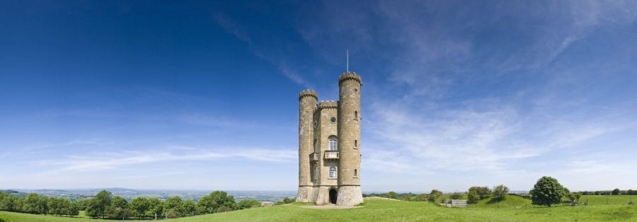 broadway tower gothic folly built in 1799 overlooking idyllic rural views in the cotswolds. perspective corrected stitched panorama, detailed when viewed large.