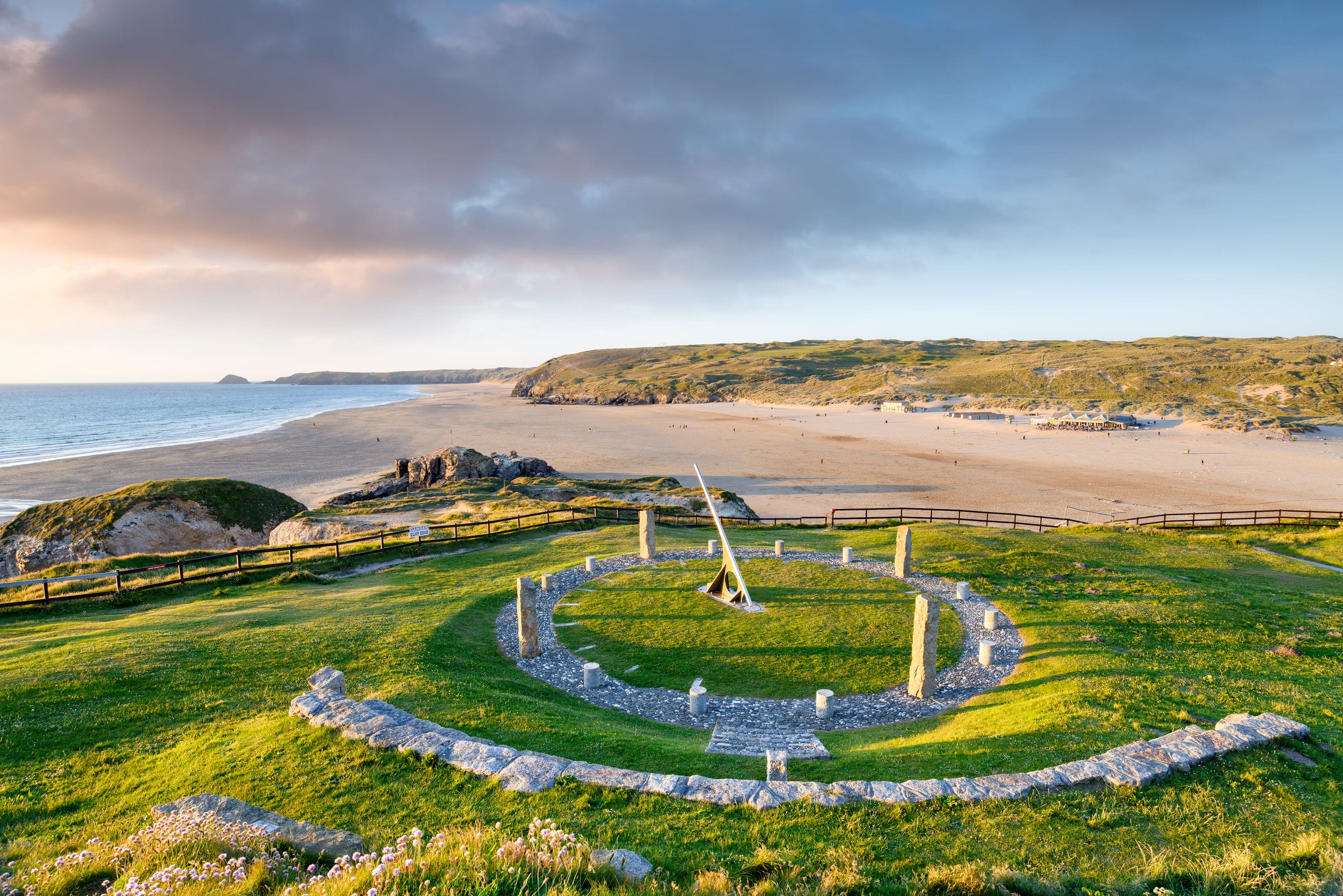 A giant sundial above the beach at Perranporth in Cornwall