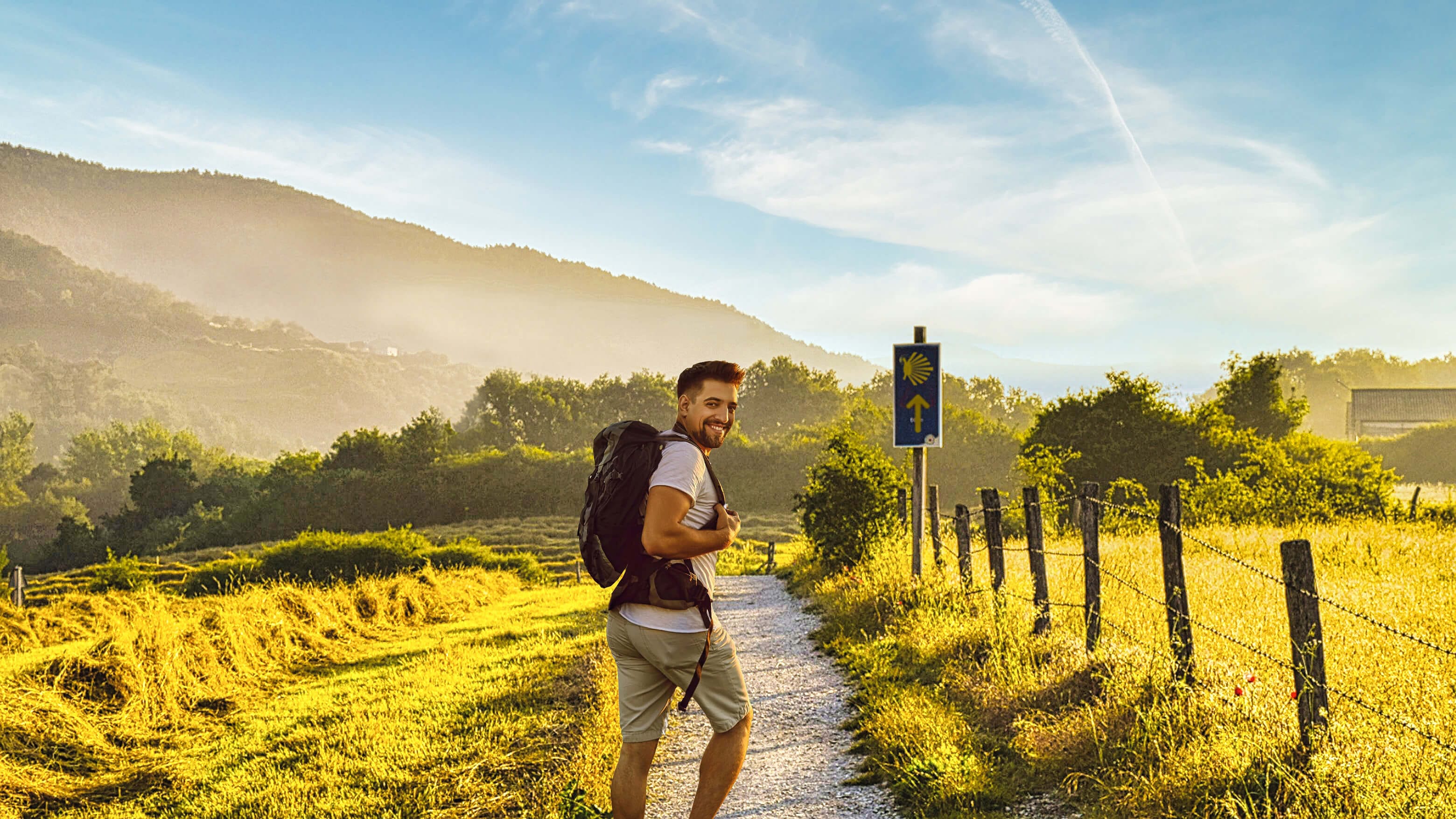 Smiling young male pilgrim walking the Camino Primitivo on a gravel path through rural Galicia during golden hour. He wears a black backpack, white t-shirt and beige shorts, looking back over his shoulder at the camera with a joyful expression. The late afternoon sun bathes the landscape in warm amber light, illuminating fields of golden grass on either side of the path separated by a wooden post and wire fence on the right. In the middle ground stands a blue Camino waymarker sign displaying the iconic yellow scallop shell symbol and upward-pointing arrow. Behind the pilgrim, dense green trees and vegetation line the path, while forested hillsides rise in the misty background beneath a pale blue sky streaked with thin clouds. The scene captures the peaceful beauty and sense of achievement that defines the Camino pilgrimage experience