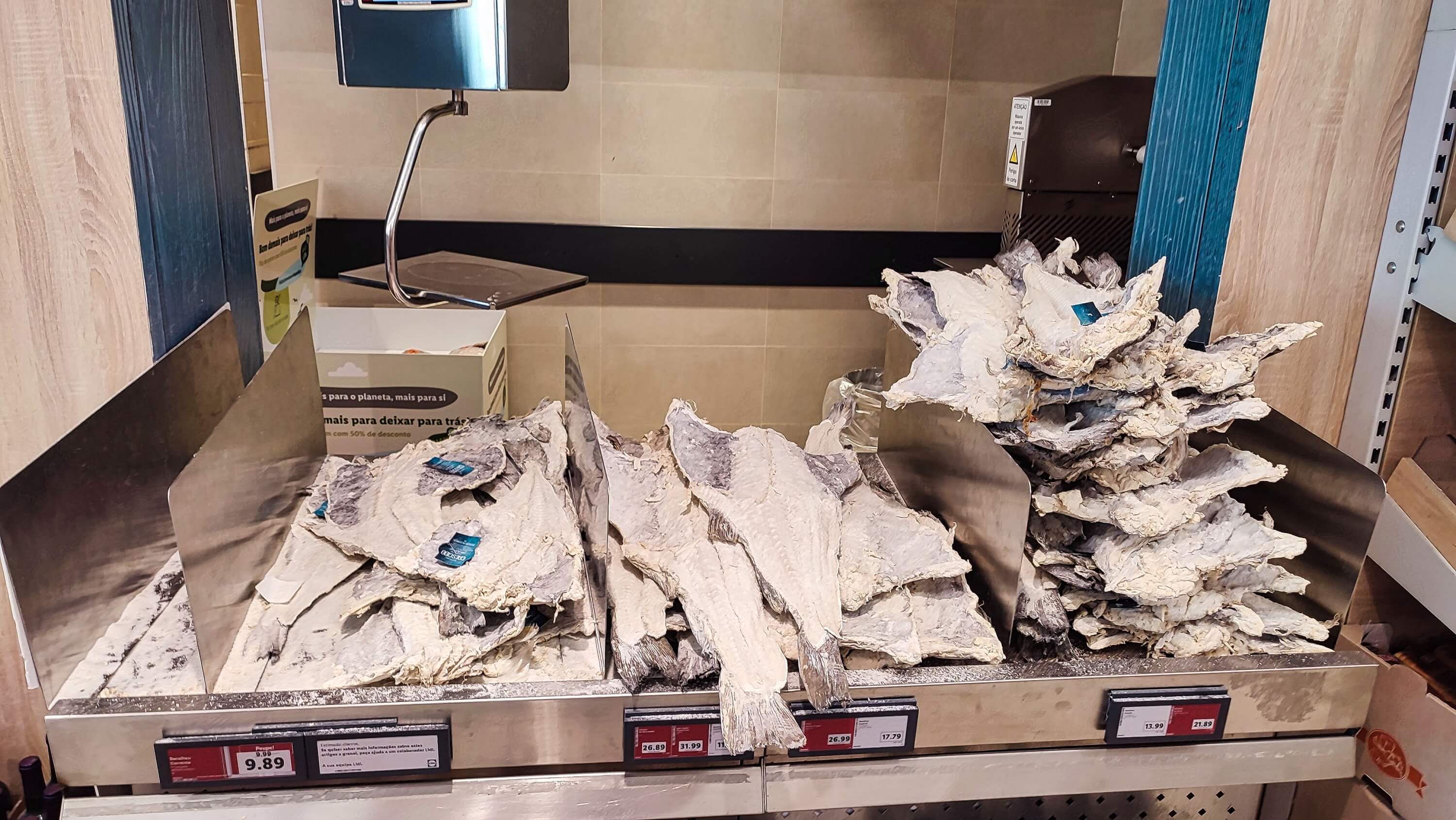 Bacalhau or died Atlantic Cod can be found in every  supermarket in Portugal.