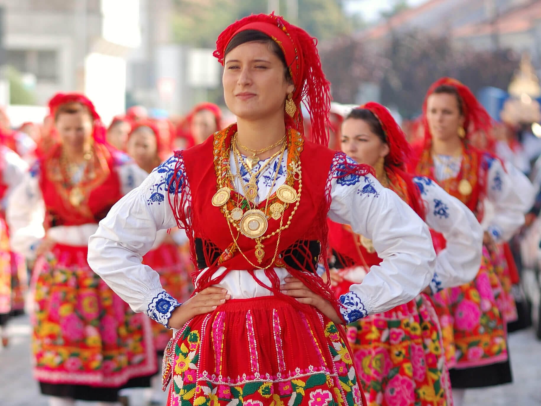 The colourful and traditional dress of a participant in the Mordomia Parade in  Viana do Castelo on the northern part of Portugal's Costa Verde
